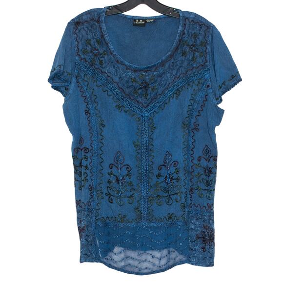 Vintage Top Boho Cottagecore Romantic Whimsigoth Soft Grunge Embroidered Blue 1X - Picture 1 of 5